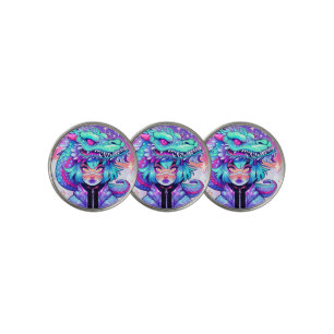 Kawaii Dragon Headdress Girl in Vaporwave Skies Golf Ball Marker