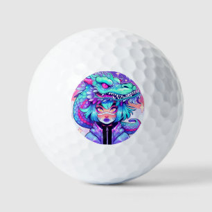 Kawaii Dragon Headdress Girl in Vaporwave Skies Golf Balls