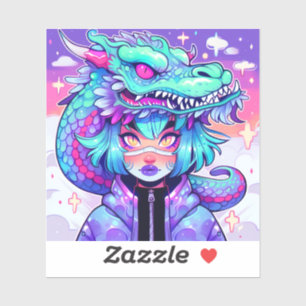 Kawaii Dragon Headdress Girl in Vaporwave Skies Sticker