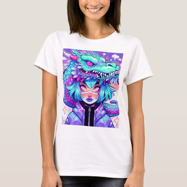 Kawaii Dragon Headdress Girl in Vaporwave Skies T-Shirt (Front)
