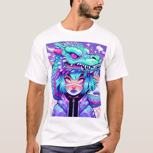 Kawaii Dragon Headdress Girl in Vaporwave Skies T-Shirt (Front)