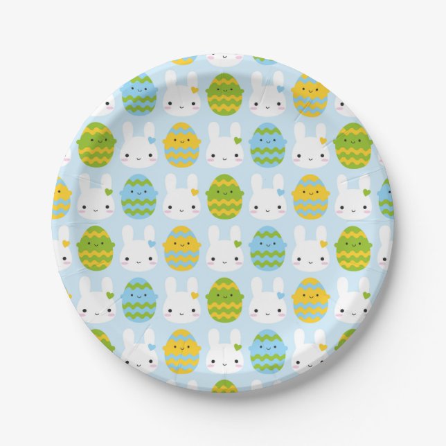 Kawaii Easter Bunny & Eggs Paper Plates (Front)