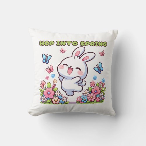 Kawaii Easter Bunny Hop into Spring Throw Pillow