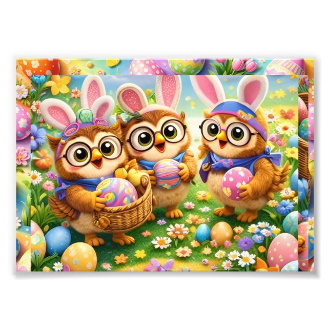 Kawaii Easter bunny owl trio spring art print de (Front)