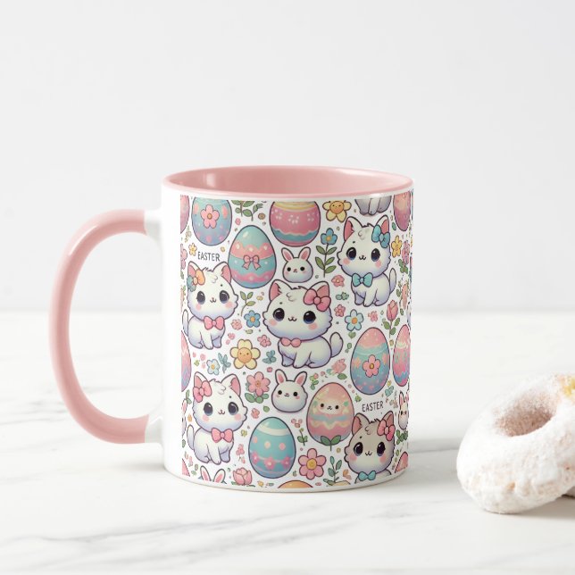 Kawaii Easter Cat Mug – Cute Kitty  Colorful eggs (With Donut)