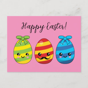 Kawaii Easter Eggs with Ribbons Add Text Holiday Postcard