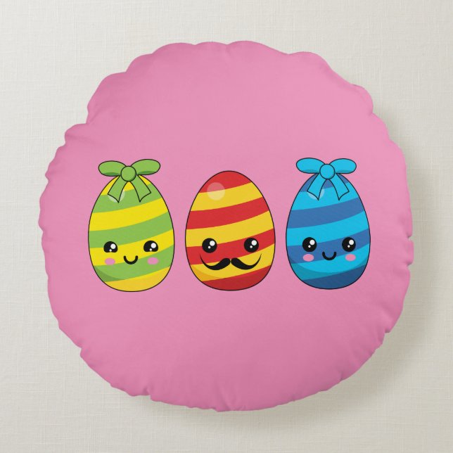 Kawaii Easter Eggs with Ribbons Round Pillow (Front)