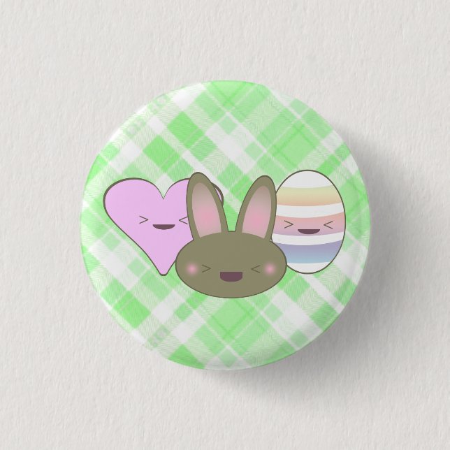 KAWAII EASTER TRIO BUNNY CHOCOLATE EGG HEART HAPPY PINBACK BUTTON (Front)