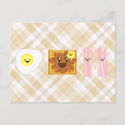 kawaii eggs waffle bacon breakfast postcard