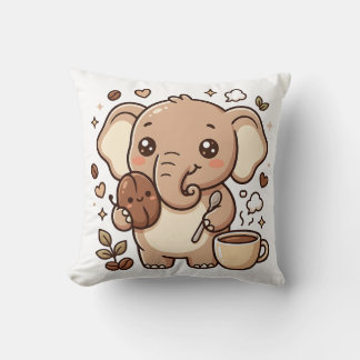 Kawaii Elephant Throw Pillow - Cute Coffee Charact
