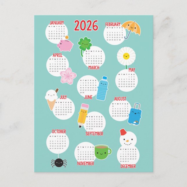 Kawaii Everyday Life 2026 Calendar Postcard (Front)
