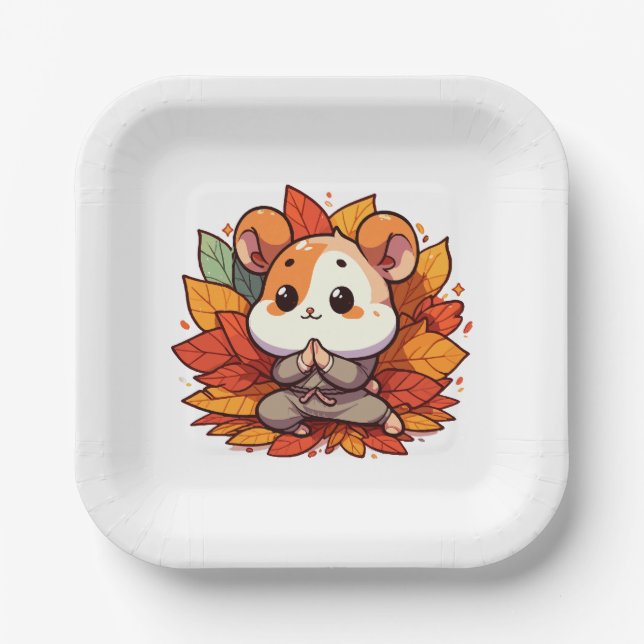 Kawaii fall hamster yoga paper plates (Front)