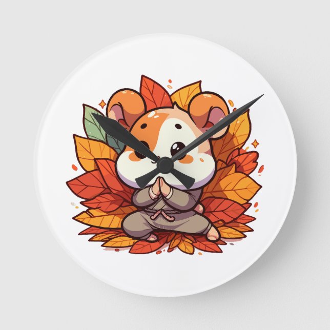 Kawaii fall hamster yoga round clock (Front)