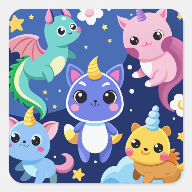Kawaii Fantasy Creatures Square Sticker (Front)
