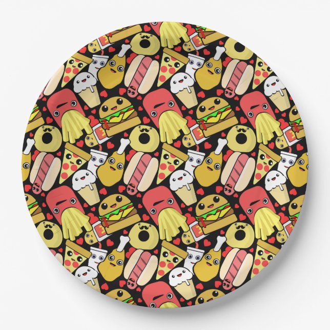 Kawaii Fast Foodie Characters Pattern Paper Plates (Front)