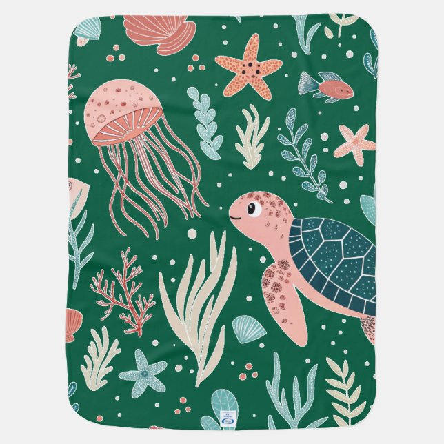 Kawaii Fish & Ocean Animals Print Baby Blanket (Back)