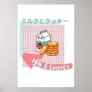 kawaii food- cute Milk and Cookie, pink, turquoise Poster