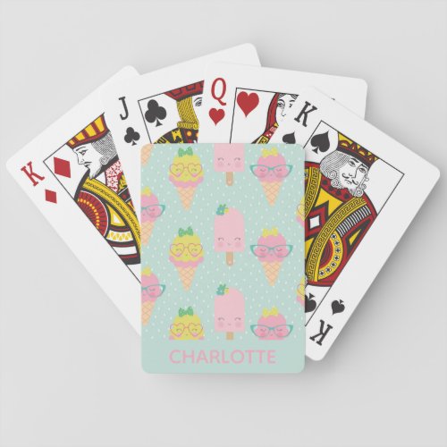 Kawaii Food Ice Cream in Pastel Pink and Mint Poker Cards