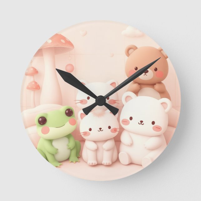 Kawaii Forest Friends Bear Frog and Bunny Nursery  Round Clock (Front)