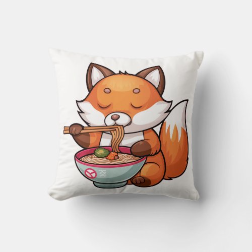 Kawaii fox eating ramen throw pillow