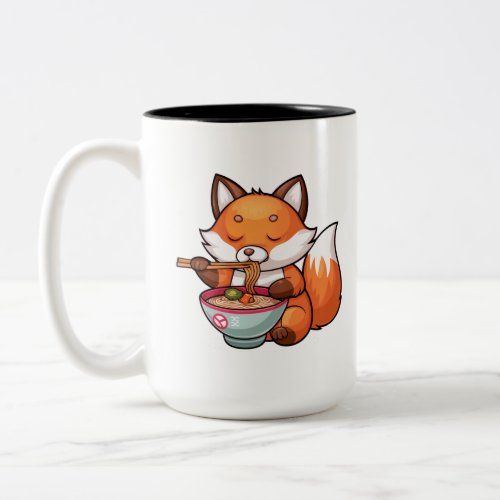 Kawaii fox eating ramen Two_Tone coffee mug
