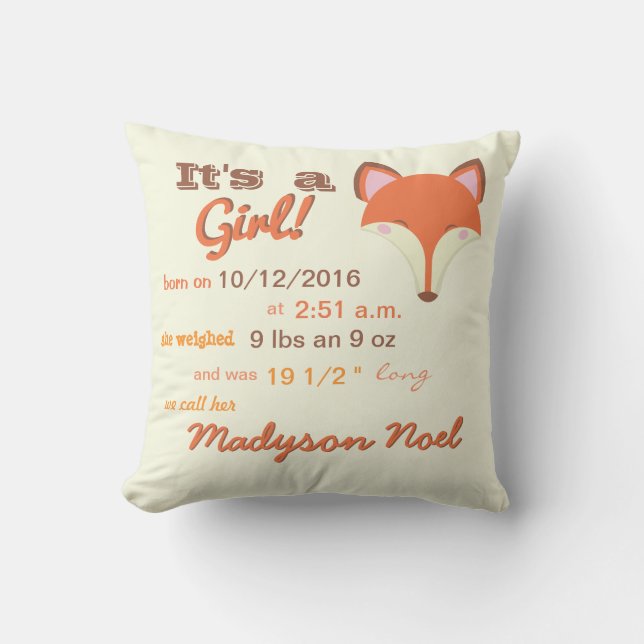 Kawaii Fox - It's a Girl! Throw Pillow (Front)