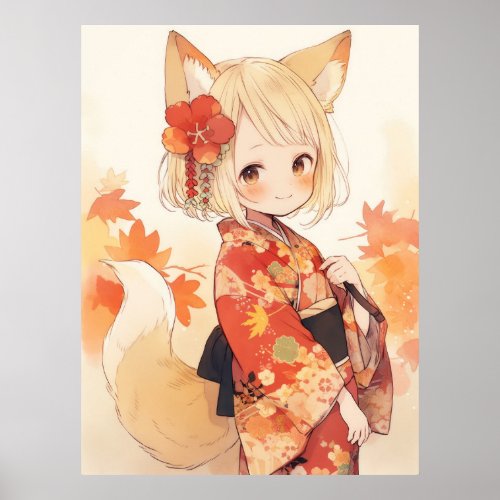 Kawaii Fox With Kimono Poster