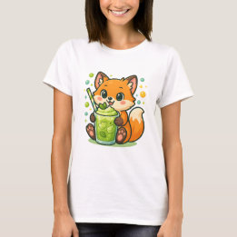 Kawaii Fox with Matcha Latte – Cute Green Tea T-Shirt