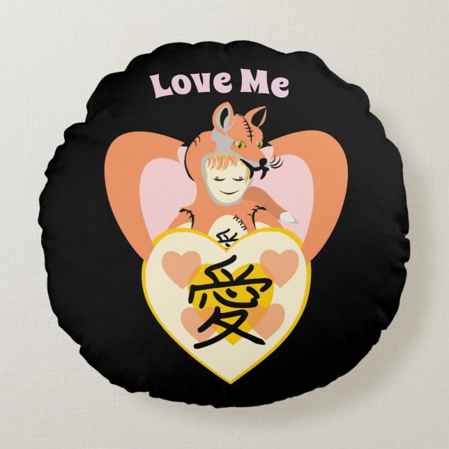 Kawaii Foxy Cosplay Love Heart Round Pillow (Front)