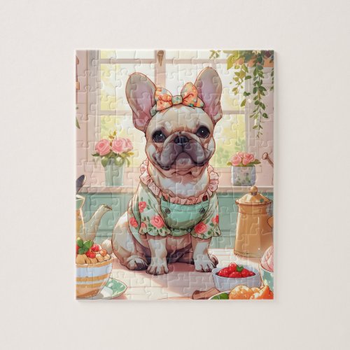 Kawaii French Bulldog cup of tea cottagecore Jigsaw Puzzle