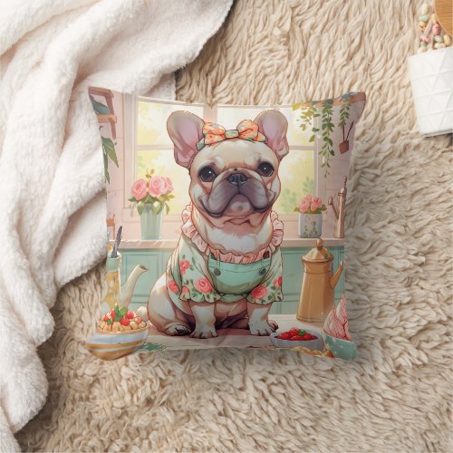 Kawaii French Bulldog cup of tea cottagecore Throw Pillow