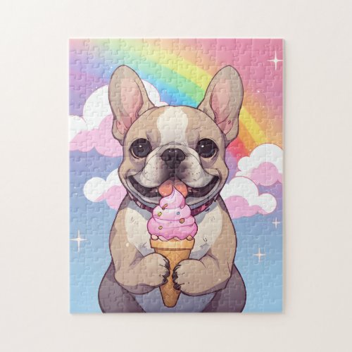 Kawaii French Bulldog Ice cream Rainbow Jigsaw Puzzle