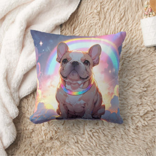 Kawaii French Bulldog Rainbow Clouds Throw Pillow