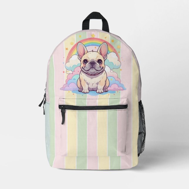 Kawaii French Bulldog Rainbow Sky Clouds Printed Backpack (Front)