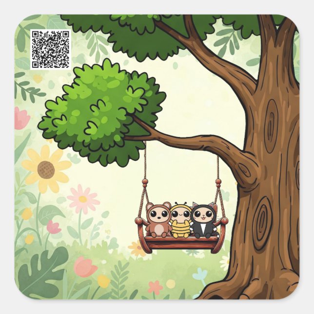 Kawaii Friends on a Swing Sticker (Front)