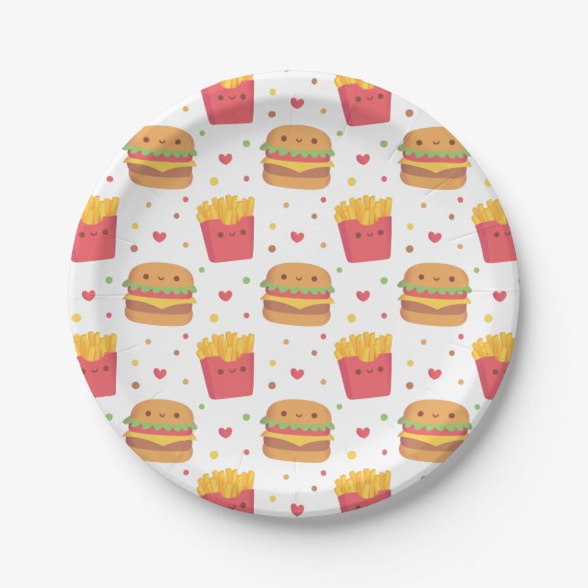 Kawaii Fries and Burger Pattern Paper Plates (Front)