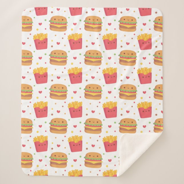 Kawaii Fries and Burger Pattern Sherpa Blanket (Front)