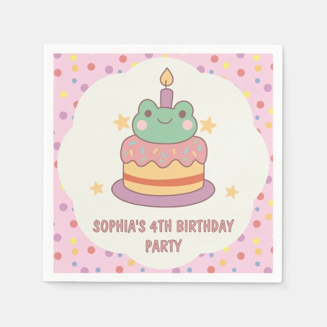 Kawaii Frog Birthday Cake Custom Napkins (Front)
