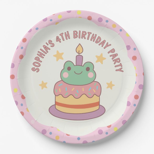 Kawaii Frog Birthday Cake Custom Paper Plates (Front)