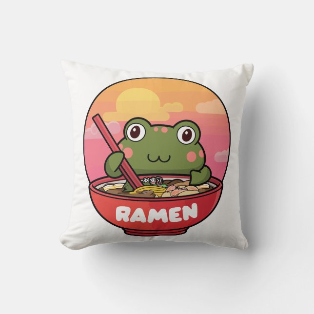 Kawaii frog eating ramen throw pillow (Front)