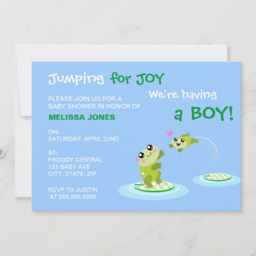 Kawaii frog jumping for joy Blue Boy Baby Shower Invitation