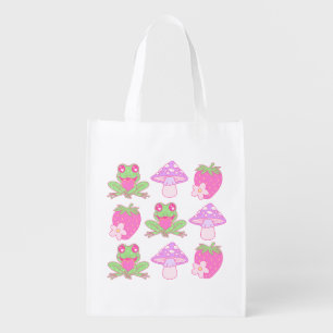 Kawaii Frog, Mushroom, and Strawberry Grocery Bag