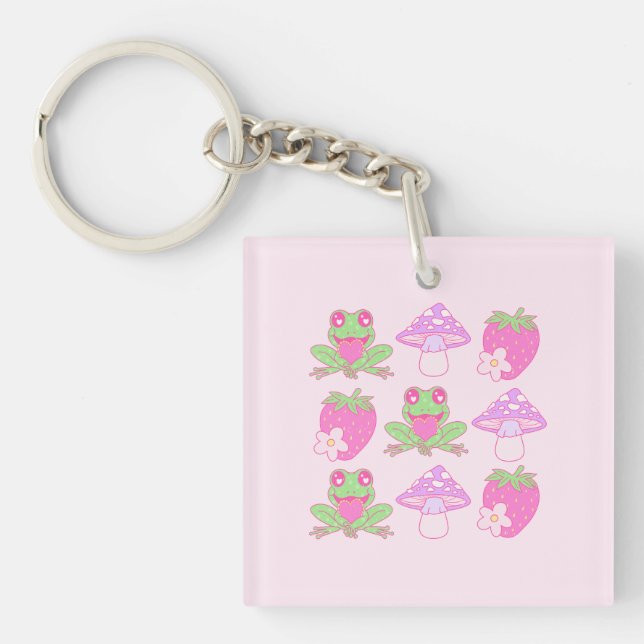 Kawaii Frog, Mushroom, and Strawberry Keychain (Front)