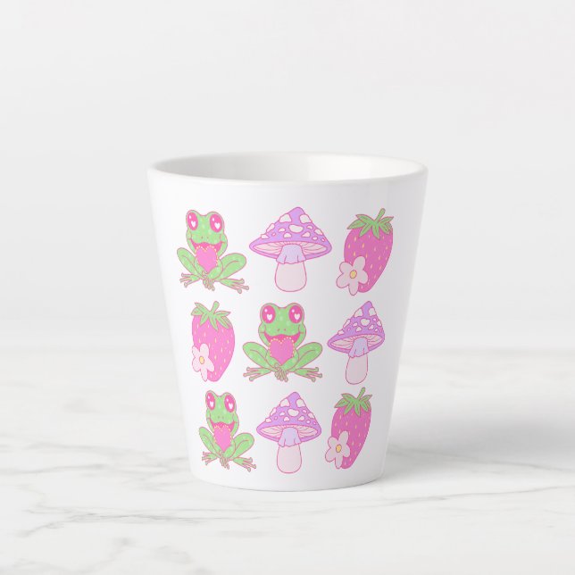Kawaii Frog, Mushroom, and Strawberry Latte Mug (Front)