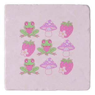 Kawaii Frog, Mushroom, and Strawberry Trivet