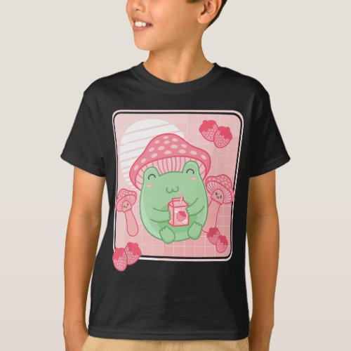 Kawaii Frog Pink Strawberry Milk Mushroom Aestheti T_Shirt