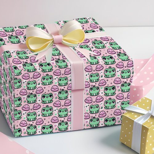 Kawaii Frog Princess Pink  Green Baby Girl Kids Wrapping Paper