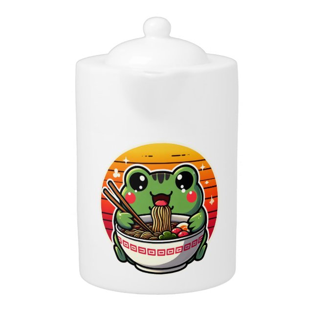 Kawaii Frog Slurping Ramen Noodles Colorful Anime  Teapot (Front)