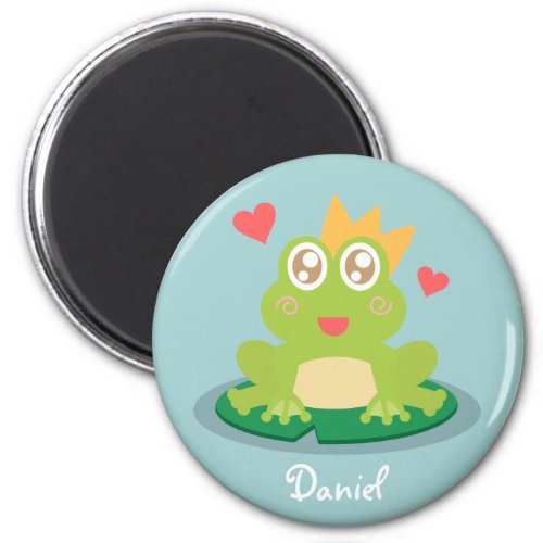 Kawaii frog with sparkling eyes on a lily pad magnet