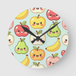 Kawaii Fruit Seamless Pattern Cute Cartoon Round Clock